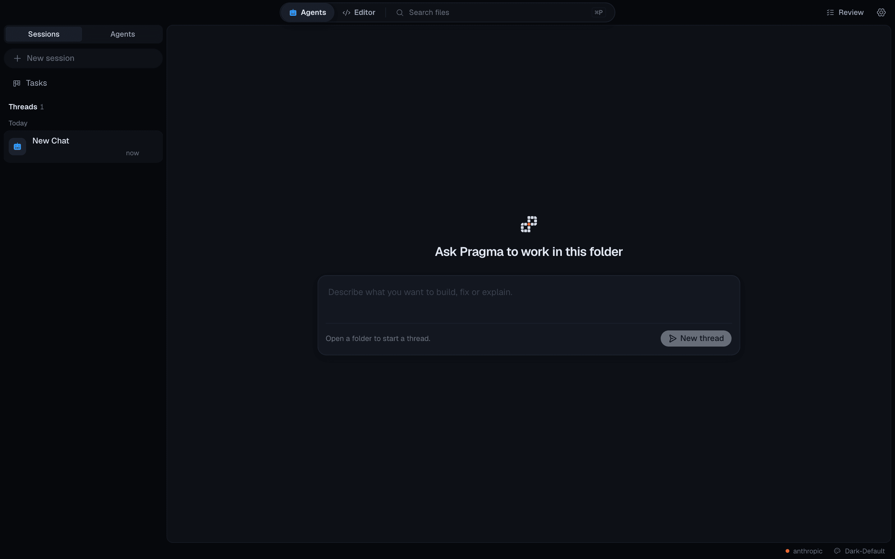 Pragma agents home screen with sessions sidebar and prompt