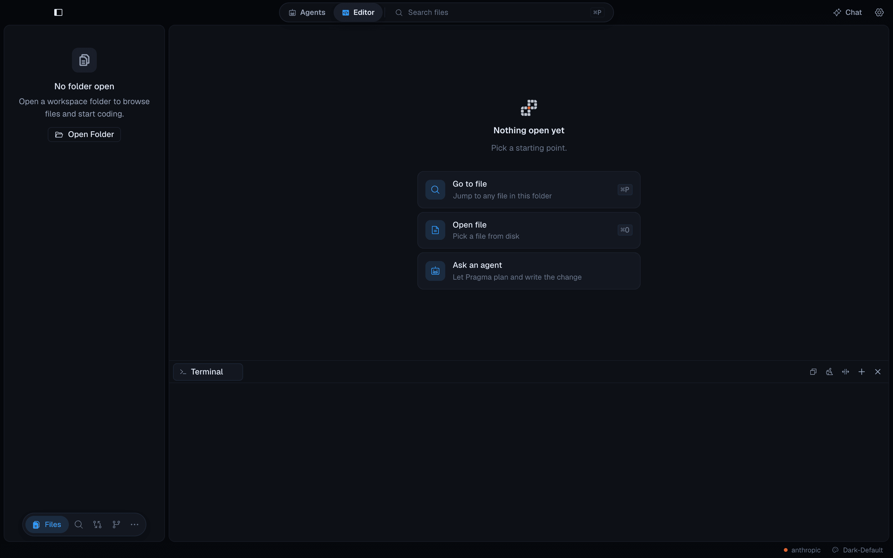 Pragma editor mode with file sidebar and terminal